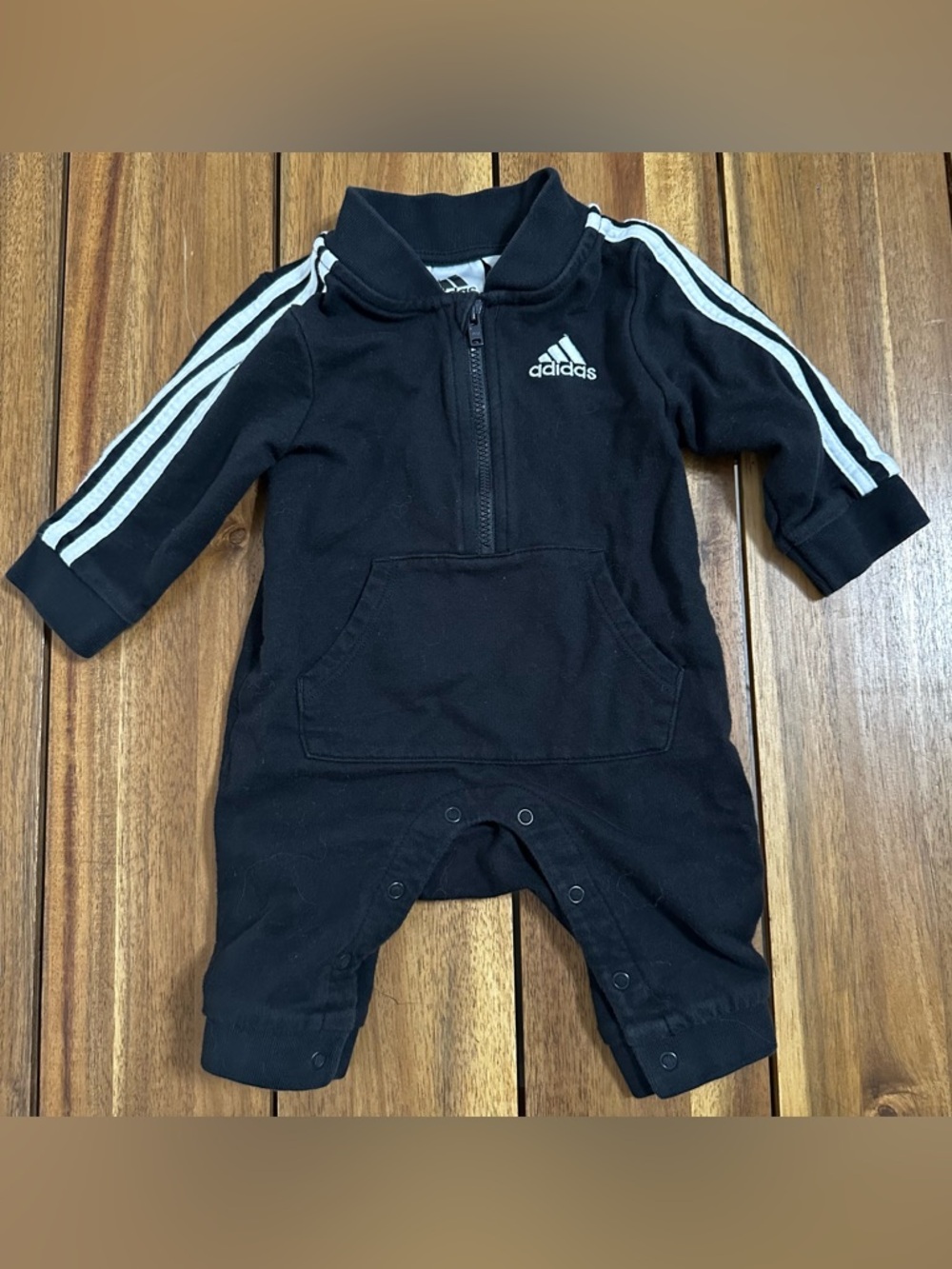 adidas Black Baby One-Piece Romper Tracksuit with White Stripes size 3 months